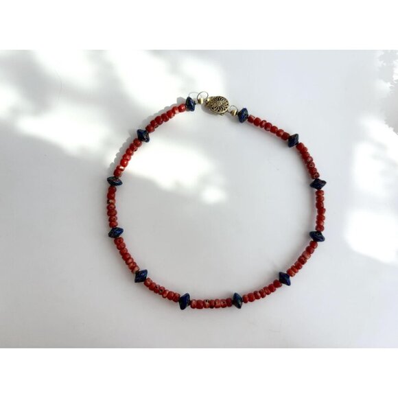 Coral & Blue Cloisonne Floral Beaded Vintage Sterling Silver 925 Necklace 15.5" - Picture 7 of 10